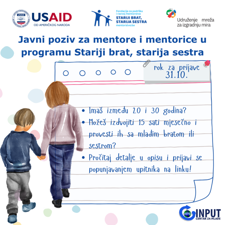 Centar za mlade INPUT u potrazi je za mentorima i mentoricama u programu Stariji brat, starija sestra!